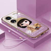 (คลังสินค้าพร้อม) เคสเคสมือถือสำหรับ OPPO Reno8 T 5G Reno 8 T 5G พร้อมฟรีสายคล้อง + สาวน่ารักการ์ตูนฝาหลังนิ่มชุบขอบสี่เหลี่ยม