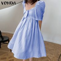 VONDA Women Summer Korean Plaid Short Sleeve Vintage Square Collar Midi Dress