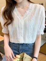 Summer Short Sleeve White Blouse Women Lace V-Neck Blouse Shirt Blusas Mujer De Moda 2022 Verano Women Tops Blouses Shirts F452