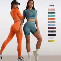 【VV】 2Pcs Sport Set Women  39;s Waist Seamless Leggings Shorts Crop Top Gym Sets Woman Outfits Tracksuit