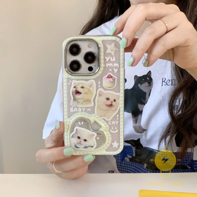 For เคสไอโฟน 14 Pro Max [Cute Cat Heart Mirror Holder] เคส Phone Case For iPhone 14 Pro Max Plus 13 12 11 For เคสไอโฟน11 Ins Korean Style Retro Classic Couple Shockproof Protective TPU Cover Shell