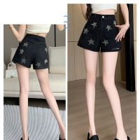 กางเกงขาสั้น High-waist star hot diamond denim shorts womens summer design a-line wide-leg hot pants