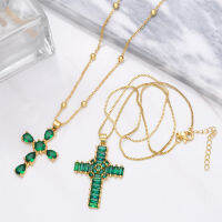 Hot FLOLA สีเขียวคริสตัลสร้อยคอผู้หญิงทองแดง CZ Jesus Cross Gold Plated สร้อยคอลูกปัดเครื่องประดับทางศาสนาของขวัญ Nkeb215