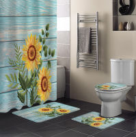 Sunflower Blue Wood Board Shower Curtain Set Toilet Seat Cover Set Bathroom Decor Accessories Mat Bathroom Curtain