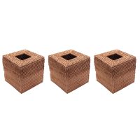 3X Square Rattan Tissue Box Cover, Hand Woven Wicker Tissue Holder, 5.7 x 5.7 x 5.7 Inches, Wood Color