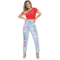 Fashion skinny jeans woman Lace up Pants Femme Pencil Jeans High Waist Bronzing Painted Pattern Jeans Denim Trousers With belt