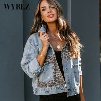 ZZOOI Fashion Contrast Leopard Jeans Jacket Women Elegant Turn-down Collar Metal Buttoned Cardigan Coats Long Sleeve Denim Jacket New