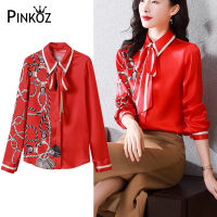 Pinkoz women red printed blouse chain printed bow turn down collar bow lace up full sleeve spring autumn shirt OL French tops za