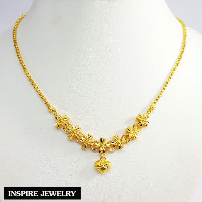 Inspire Jewelry ,สร้อยคอสังวาลย์ ดอกไม้เรียง ห้อยหัวใจตอกลายหุ้มทองแท้ 100%  18 นิ้ว  น้ำหนัก 1 บาท พร้อมถุงกำมะหยี่