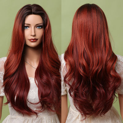ALAN EATON Ombre Black Red Long Wavy Heat Resistant Synthetic Hair Wigs for Women Afro Natural Middle Part Cosplay Party Wigs