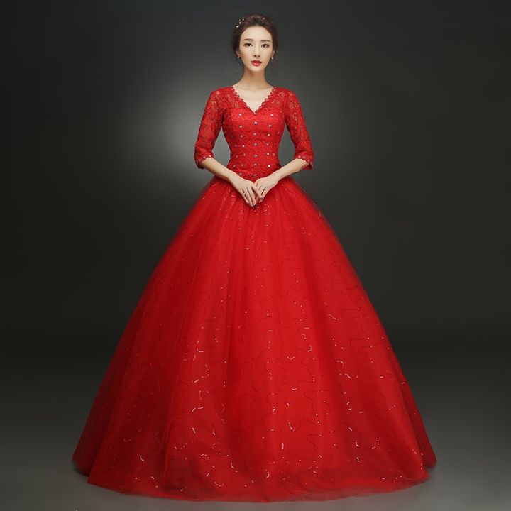 ชุดเดรสยาวเปิดไหล่สีแดงสำหรับผู้ใหญ่นางฟ้าชุดแต่งงานเจ้าสาว-qs1098งานแต่งงาน