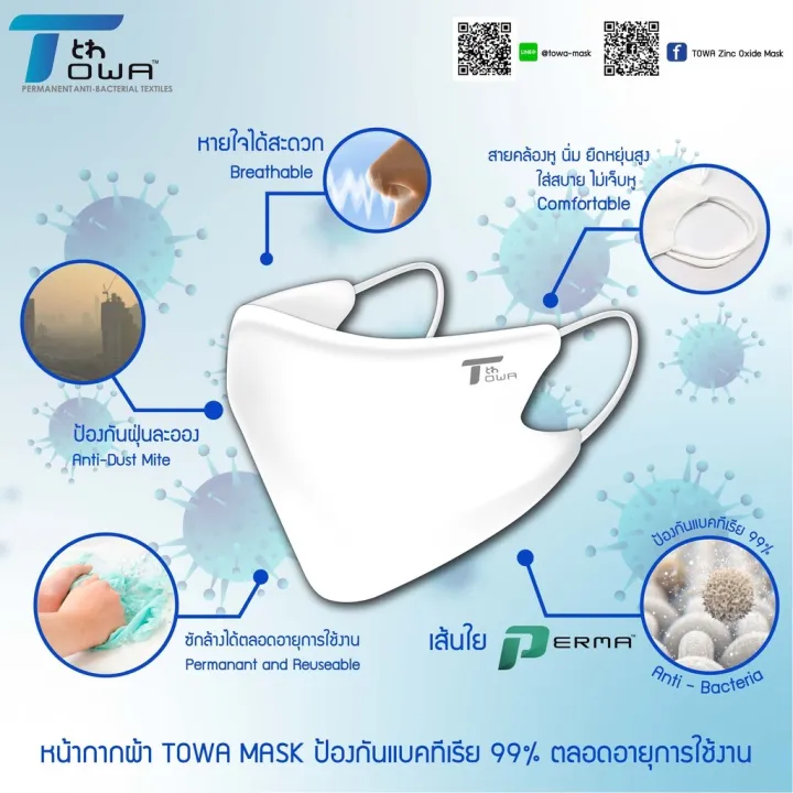 หน้ากากผ้ากันแบคทีเรีย Towa Nano Zinc Oxide Mask หน้ากากผู้ใหญ่ หน้ากาก
