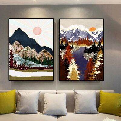 บทคัดย่อ Wall Art Sunrise Mountain Forest Lake ธรรมชาติโปสเตอร์ภาพวาดผ้าใบพิมพ์ภูมิทัศน์ภาพตกแต่งบ้านโมเดิร์น