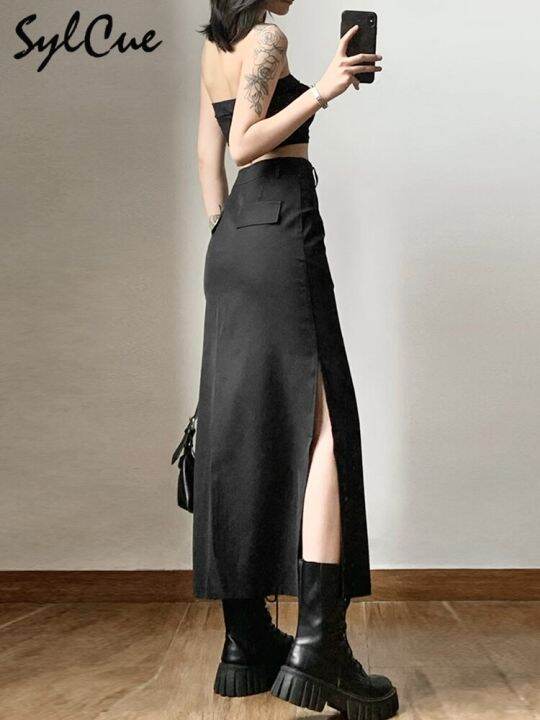 sylcue-simple-black-split-sexy-slim-hot-versatile-light-cool-thin-summer-womens-mature-feminine-charm-street-skirt-long