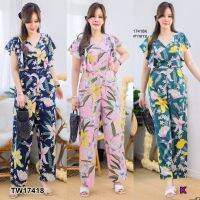 TW17418 Jumpsuit คอวีแต่งระบายขายาว พิมพ์ลาย