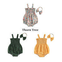 Thorn Tree ชุดเด็กผู้หญิง 2 ชิ้นแขนกุดลายดอกไม้ Romper Jumpsuit พร้อมชุดเสื้อผ้าคาดศีรษะ