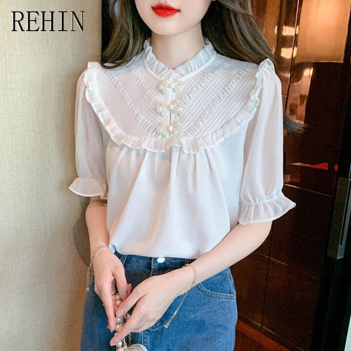 rehin-เสื้อผู้หญิงแขนสั้น-เสื้อผู้หญิงแขนสั้นชุดผ้าชีฟองมีปกหูสีขาวทำจากไม้ช่องความรู้สึกการออกแบบแฟชั่นใหม่ฤดูร้อน