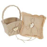 2Pcs Vintage Burlap Wedding Ring Pillow Double Heart Ring Bearer Pillow and Rustic Wedding Flower Girl Basket Set