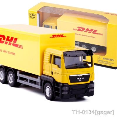 ❏﹍✲ Brinquedo fundido em escala 64 recipiente de modelo caminhão amarelo dhl liga metálica fundida para transporte veículos e brinquedos crianças