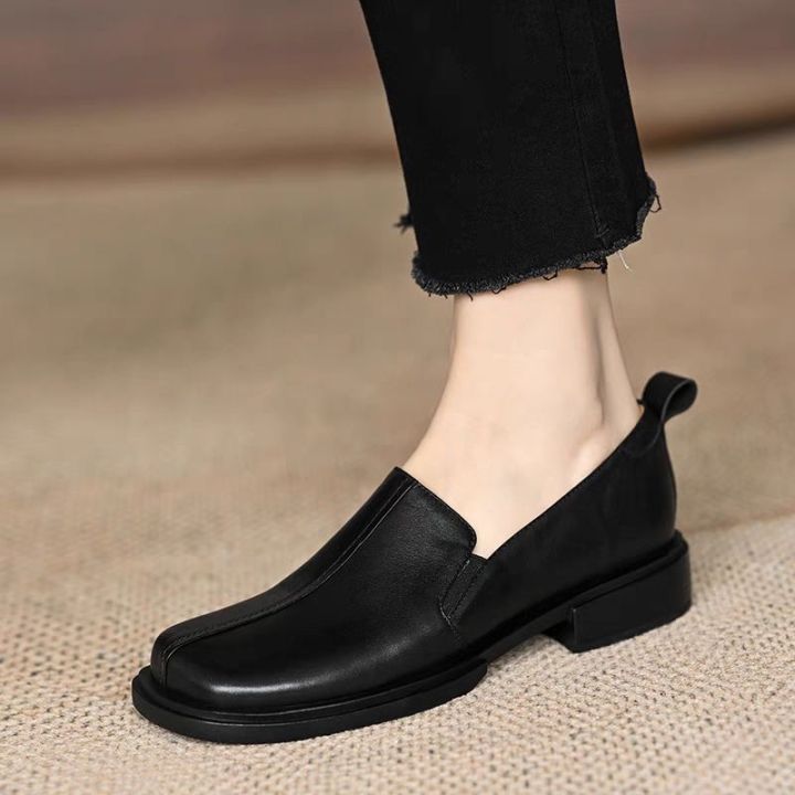 Women square toe oxford loafers single 3cm low heel soft leather work ...