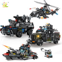 HUIQIBAO 4IN1 SWAT Police Truck Ship Armored Vehicle Military Model Building Blocks City Armed Aircraft Bricks Toys For Children