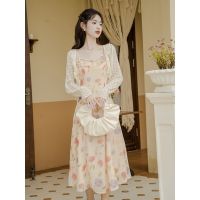 Spot parcel post Tea Break French Style Gentle Sweet Elegance Vintage Floral Strap Dress for Women with Lace Cardigan Two-Piece Set