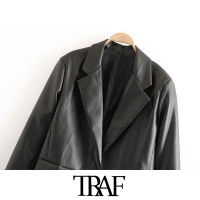 TRAF Women Fashion PU Faux Leather Loose Blazer Coat Vintage Pockets Long Sleeve Back Vents Female Outerwear Chic Tops