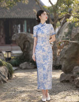 Elegant R ผู้หญิงแขนสั้น Qipao เซ็กซี่สีฟ้าและสีขาวพิมพ์ซาติน Cheongsam จีนทุกวัน Dress