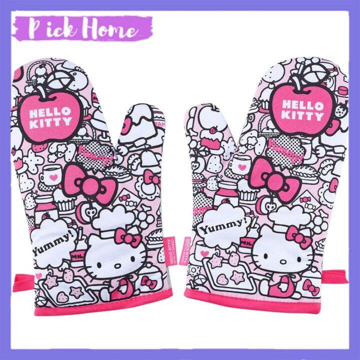 chefmade-เชฟเมค-ถุงมือผ้าฝ้ายนุ่มลายพรางสําหรับเตาอบเชฟเมด-hello-kitty-mitts-oven-kt7019-2ชิ้น