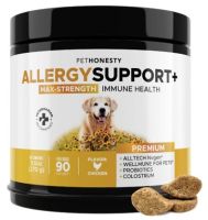 PetHonesty Allergy Support+ Max-Strength Chicken Flavored Soft Chews Allergy Supplement for Dogs, 90 count healthy immune digestion Skin ภูมิคุ้มกัน ผิวหนัง ขน สุขภาพลำไส้ สุนัข หมา