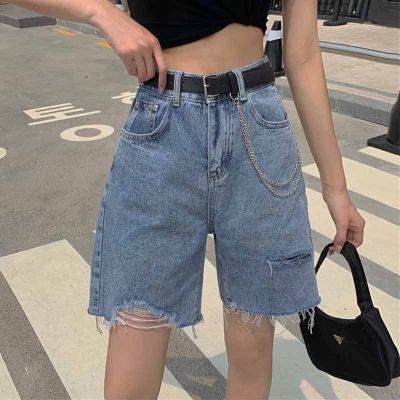 JulyPalette Casual Loose Straight Denim Shorts Women Fashion Ripped Holes Edging Vintage High Waist Bue Jean Shorts with Belt