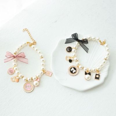Pearl Dog Chain Pet Collars Necklace Wedding Jewelry Stuff Pink Rhinestone Puppy Accessories Cat Jewelry Bow Collar
