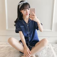 【JH】Womens Silk Satin Pajamas Short Sleeve Loungewear Two-Piece Sleepwear Button-Down Pj Set Tops and Shorts