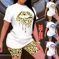 [COD] Foreign trade 2022wish fashion lip print T-shirt womens leopard suit mid-waist tight casual