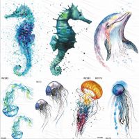 【YF】 OMMGO Seahorse Dolphin Ocean Temporary Tattoos Sticker Watercolor Fake Tattoo Flash Custom Tatoo For Children Women Body Art Arm