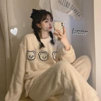 Winter Women Pajama Flannel Long-sleeved Thickening Plus Velvet Coral Fleece Ladies Winter Pajamas Cardigan Home Service Suit