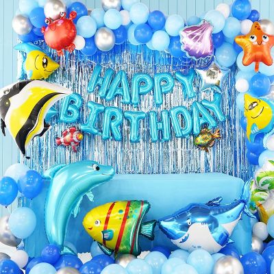 Ocean Themed Birthday Party Balloons Decoration Foil Shark Balloons Birthday Banners, Blue Balloons for Pool Parties and Beach P