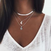 Popular 925 Sterling Silver Triple Layer Necklace Moon Pendant Choker Party Birthday Gift Womens Fashion Jewelry Free Shipping