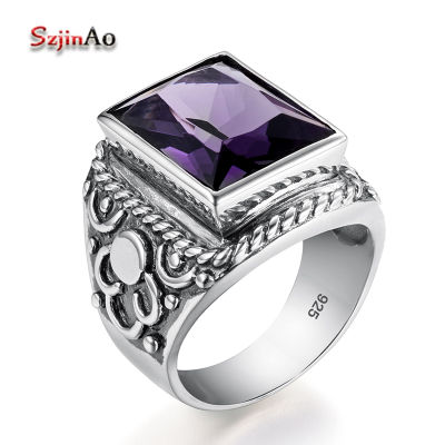 Real 925 Sterling Silver Heavy Signet Rings Mens Massive Amethyst 12*16mm Stone Party Male Vintage Jewelry Gift For Husband Top