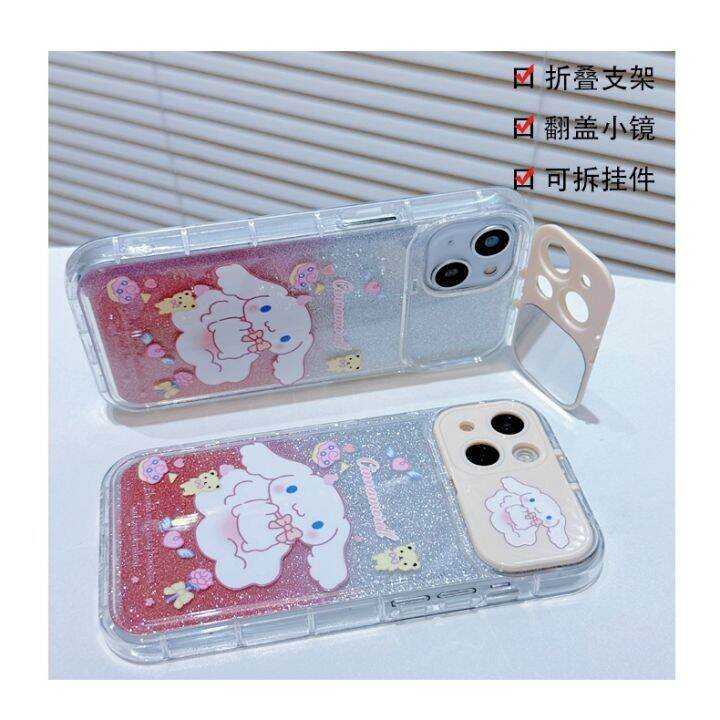 เคสโทรศัพท์มือถือแบบใส-กันกระแทก-ลายสุนัขชินนาม่อน-แต่งกลิตเตอร์-พร้อมกระจก-สีชมพู-สําหรับ-iphone-11-pro-max-12-13-14-pro-max-7-8-plus-se2020-xr-xs-max-xs-plus-max