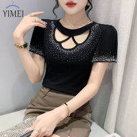 YIMEI เสื้อผู้หญิงสวยๆ2023เวอร์ชันเกาหลีฤดูร้อนใหม่เสื้อยืดผ้าตาข่ายคอวีสุดเซ็กซี่งานประดิษฐ์เสื้อเชิ้ตรีดใบบัว