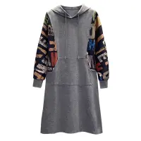 Plus Size Hooded Sweatshirt Dress Female  Autumn Casual Loose Batwing Sleeve Patchwork Large Size Fashion Vintage Dresses