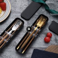 Portable Travel Tableware Set Stainless Steel Wooden Dinnerware With Box Kitchen Fork Spoon Dinner Set For Kid School Cutlery Flatware Sets