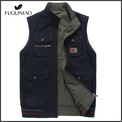 FUGUINIAO แฟชั่นของผู้ชาย Casual Reversible สวมใส่ Multi-Pocket ตกปลาหลวมขนาดใหญ่สองด้านเสื้อกั๊ก