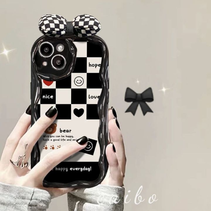 เคสสำหรับ-iphone-12-13-pro-max-mini-เคสมือถือครีมขอบคลื่น-ins-เกาหลีน่ารัก3d-โบว์เพชรตาข่ายป้องกัน-lensa-kontak-แฟชั่น3d