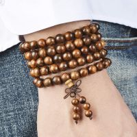 6mm Natural Sandalwood Buddhist Buddha Wooden Beads Bracelets Knot Pendant 4-Layer Wrist Chain Men Women Bracelet Bangles Charms and Charm Bracelet