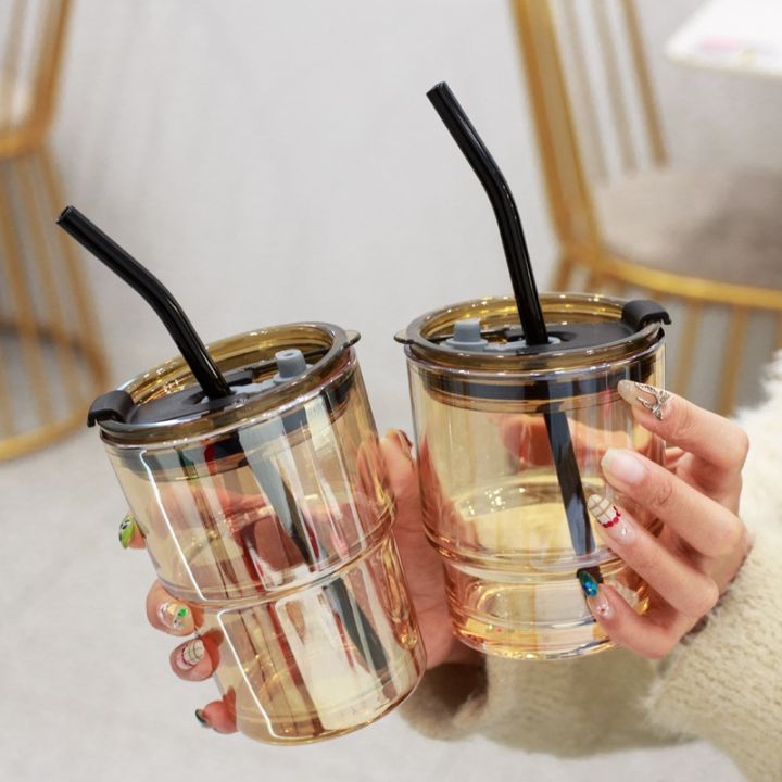 high-end-cups-450มิลลิลิตรสร้างสรรค์ใหม่สีเหลืองอำพันฟางแก้วความจุขนาดใหญ่มูลค่าสูงถ้วยกาแฟป้องกันการรั่วขวดลมไม้ไผ่-caneca-แก้ว-drinkware