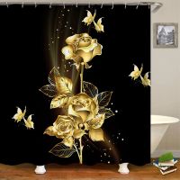 Gold Rose Black Bathroom Set Luxury Shower Curtain With Bath Mat Rug Carpet For Toilet Decor Accessories Shower Curtain Set