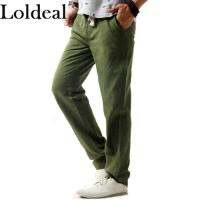 Loldeal ผู้ชายกางเกง chinos ผ้าลินินสีทึบย้อนยุคหลวมเอวยางยืดตรง