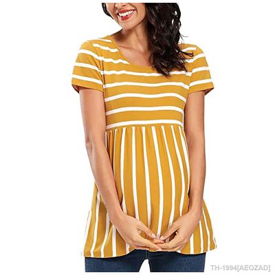 ❍ Túnica de maternidade listrada feminina tops manga curta camiseta gravidez roupas soltas estampa fashion
